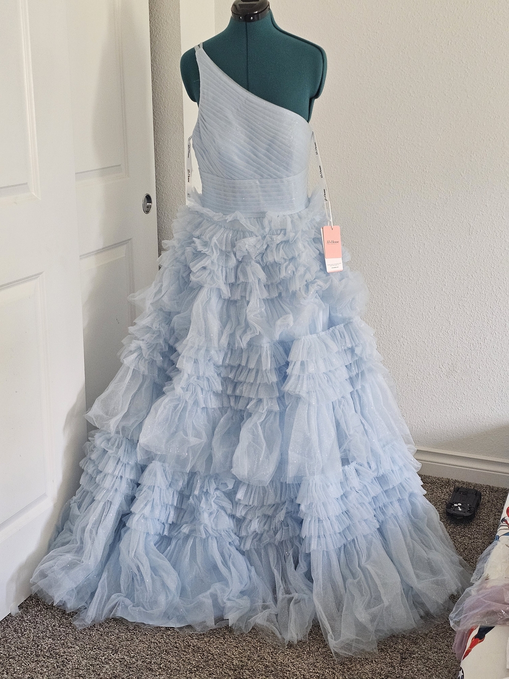 JJs House Light Blue One-Shoulder Ruffled Prom Gown